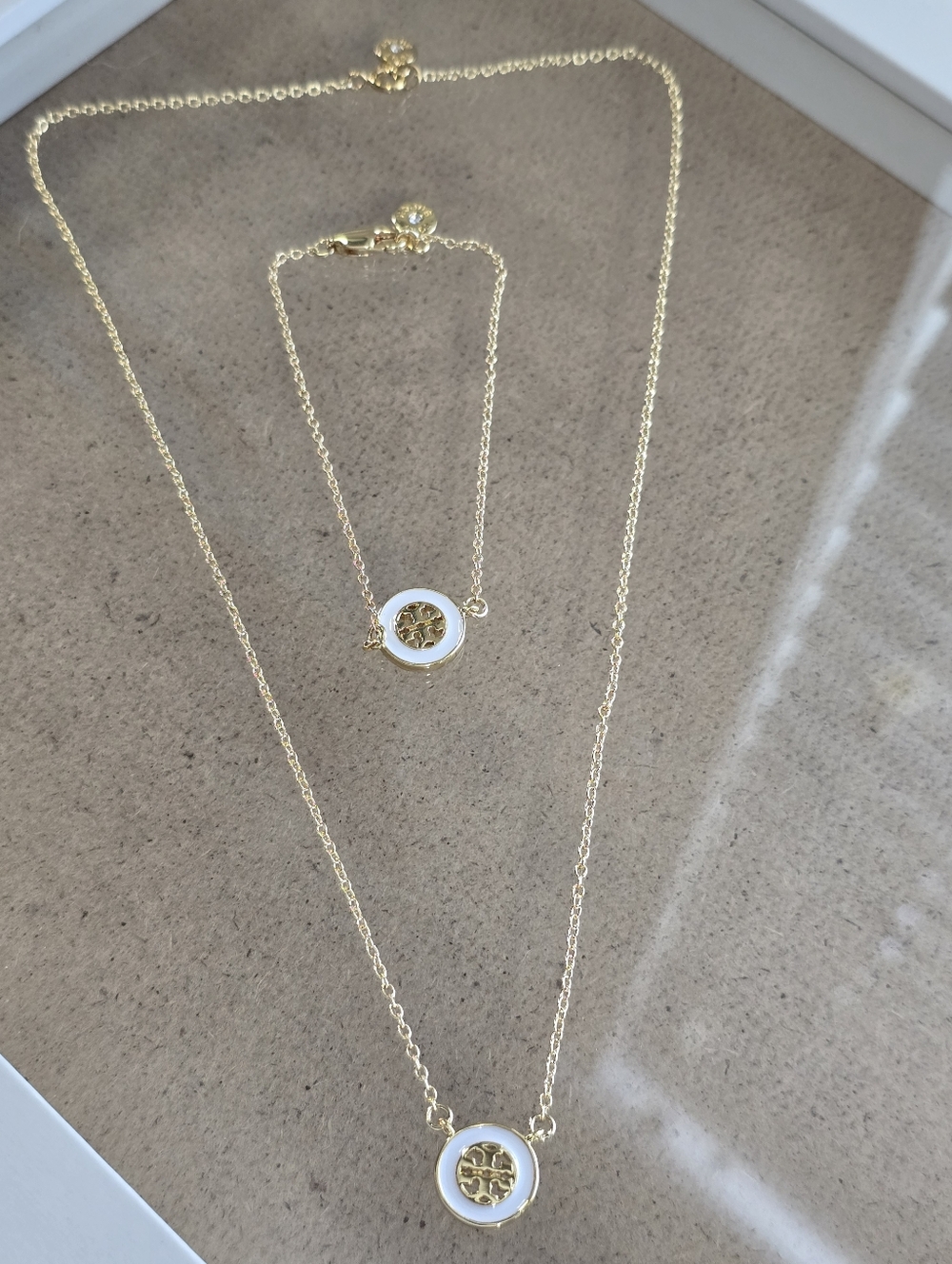 Tory Burch Gold and White Logo Pendant Necklace and Bracelet Set - Picture 3 of 4